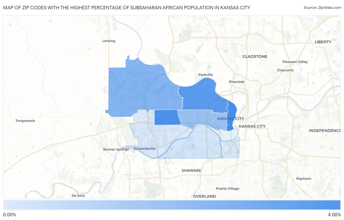 Zip Codes with the Highest Percentage of Subsaharan African Population in Kansas City Map