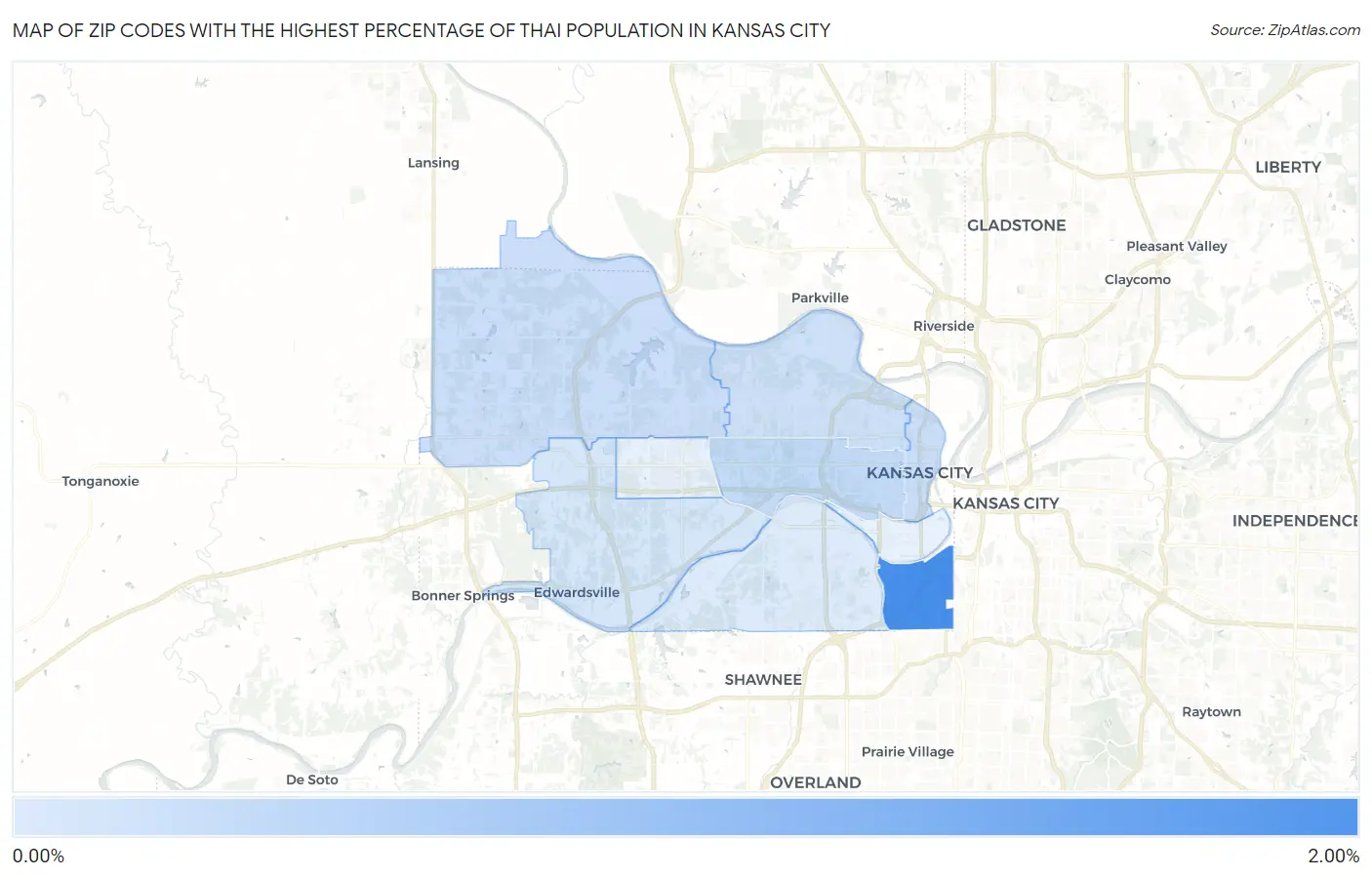 Zip Codes with the Highest Percentage of Thai Population in Kansas City Map
