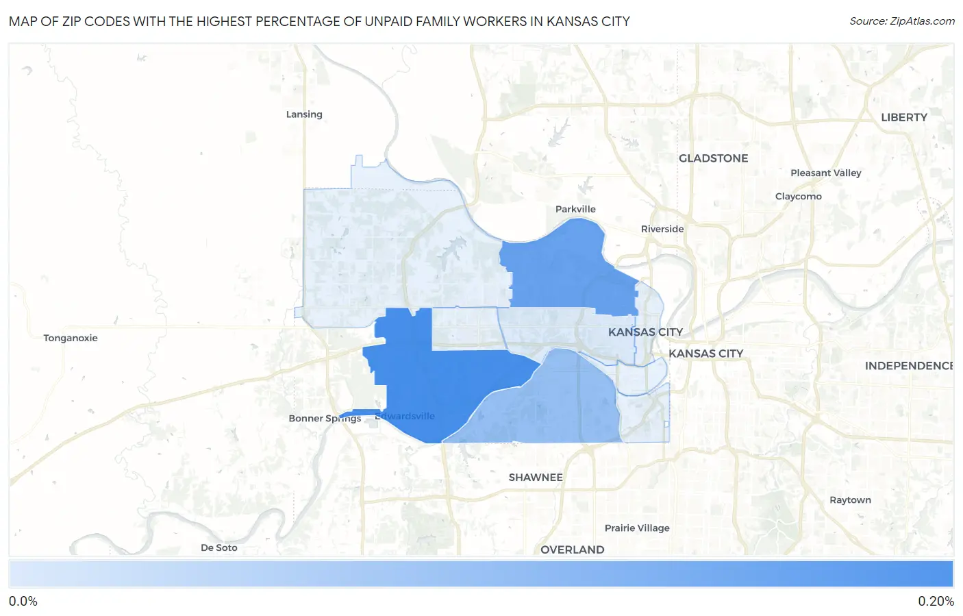 Zip Codes with the Highest Percentage of Unpaid Family Workers in Kansas City Map