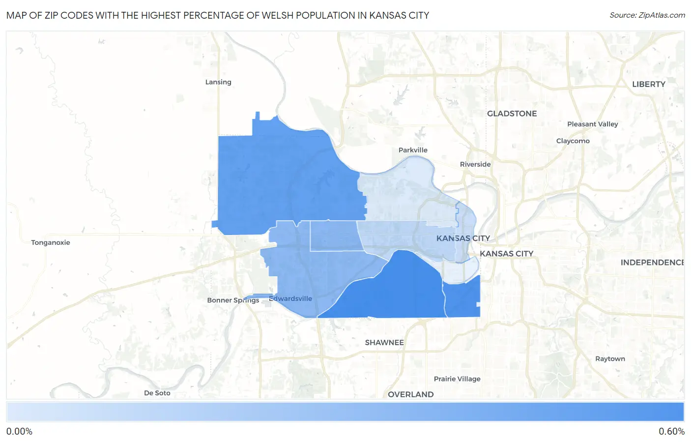 Zip Codes with the Highest Percentage of Welsh Population in Kansas City Map