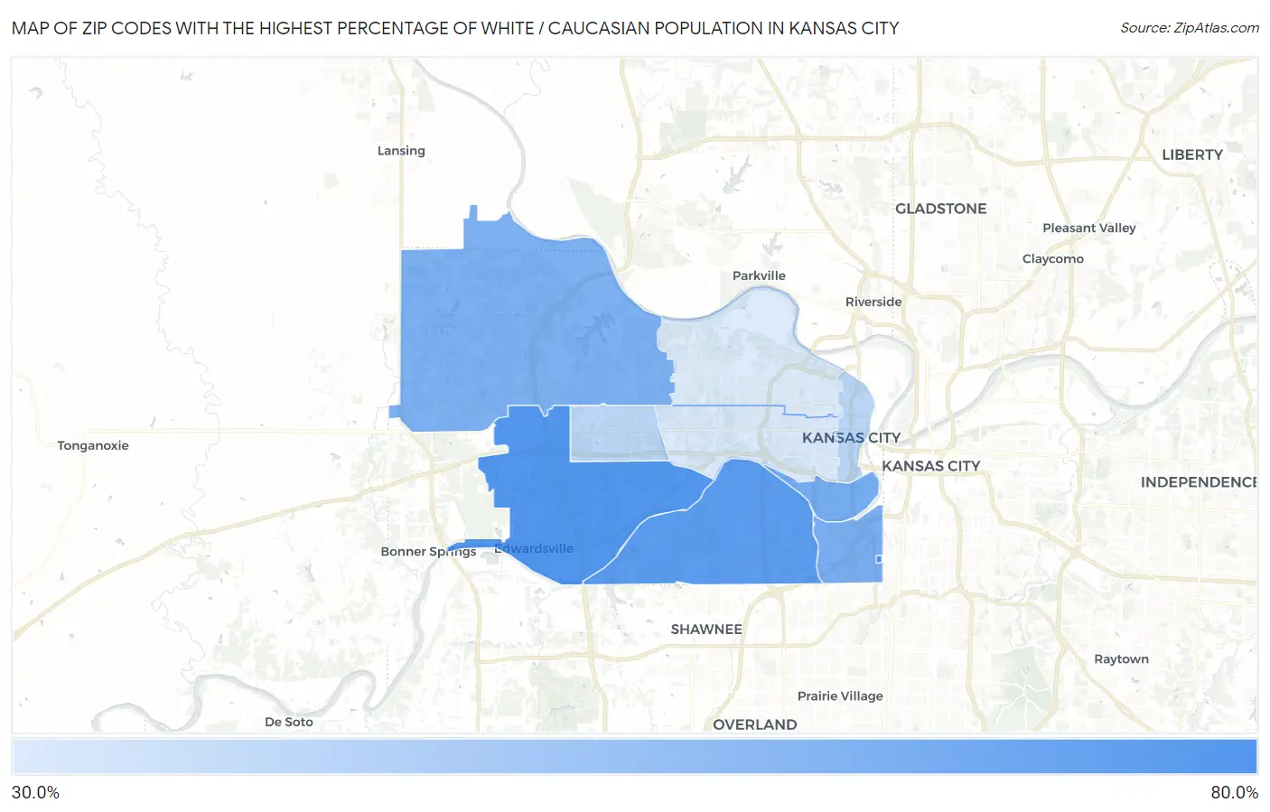 Zip Codes with the Highest Percentage of White / Caucasian Population in Kansas City Map