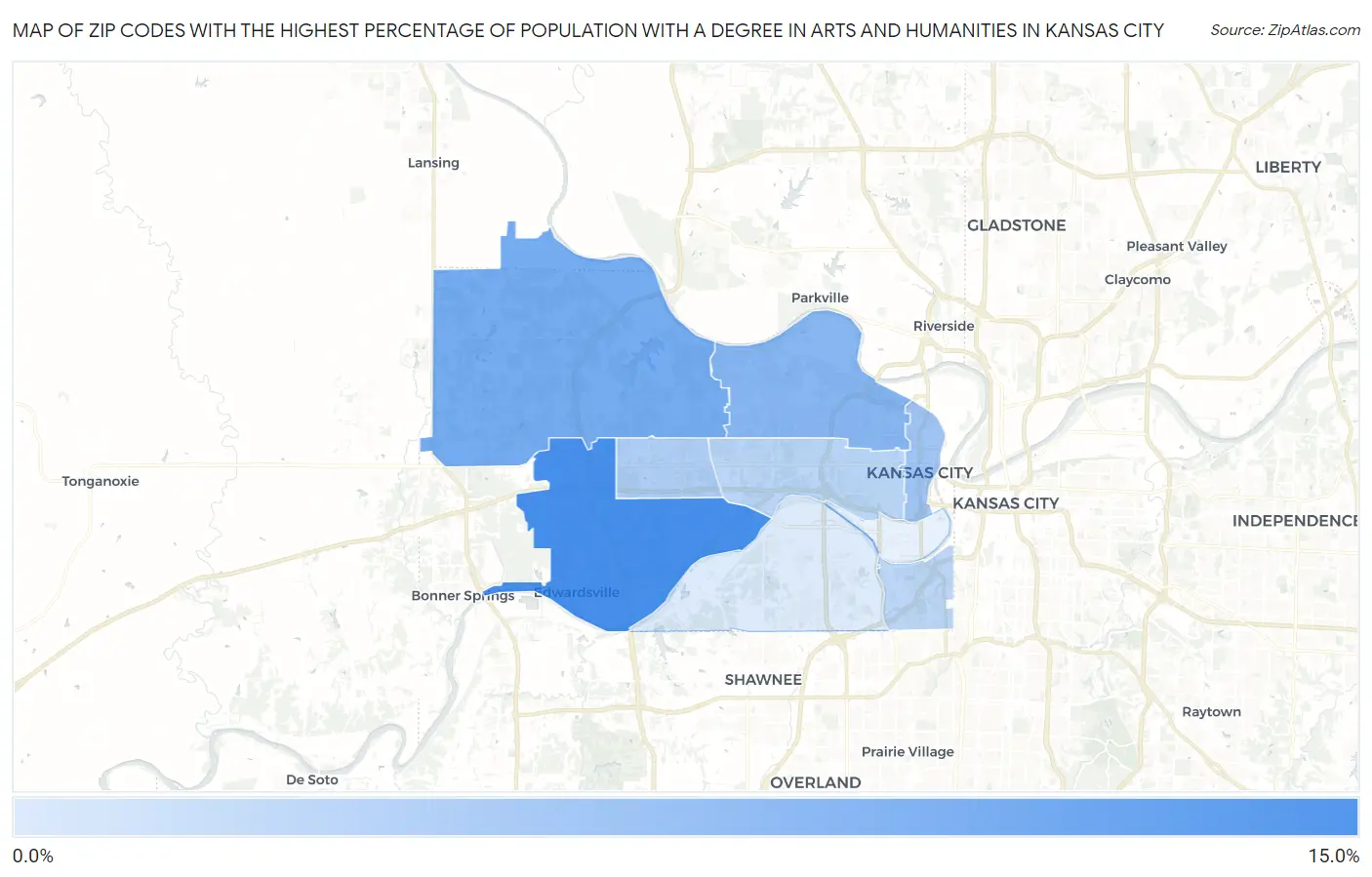 Zip Codes with the Highest Percentage of Population with a Degree in Arts and Humanities in Kansas City Map