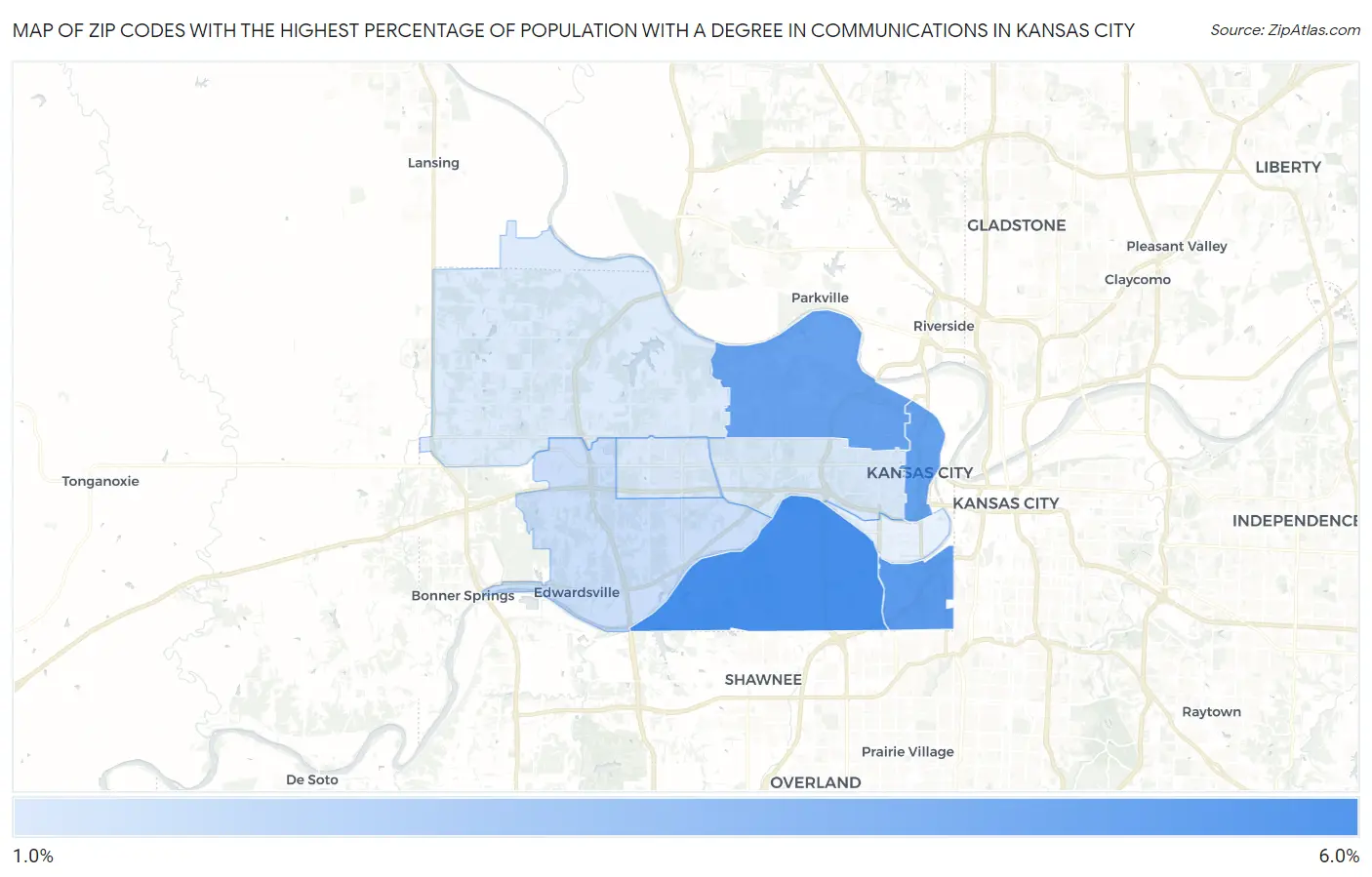 Zip Codes with the Highest Percentage of Population with a Degree in Communications in Kansas City Map