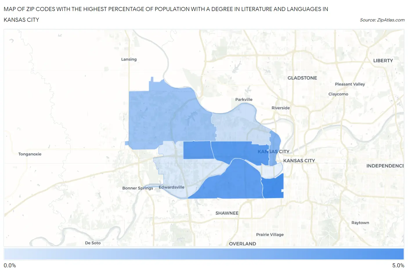 Zip Codes with the Highest Percentage of Population with a Degree in Literature and Languages in Kansas City Map