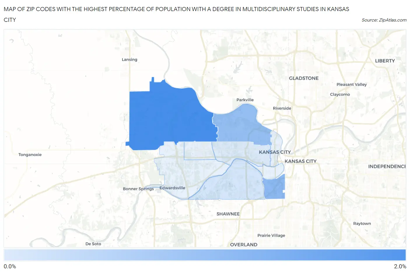 Zip Codes with the Highest Percentage of Population with a Degree in Multidisciplinary Studies in Kansas City Map