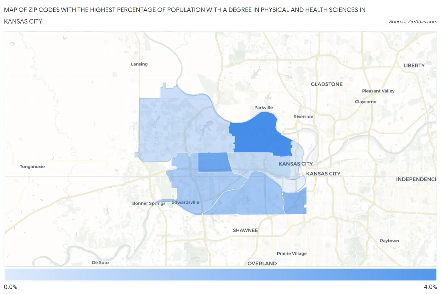 Zip Codes with the Highest Percentage of Population with a Degree in Physical and Health Sciences in Kansas City Map