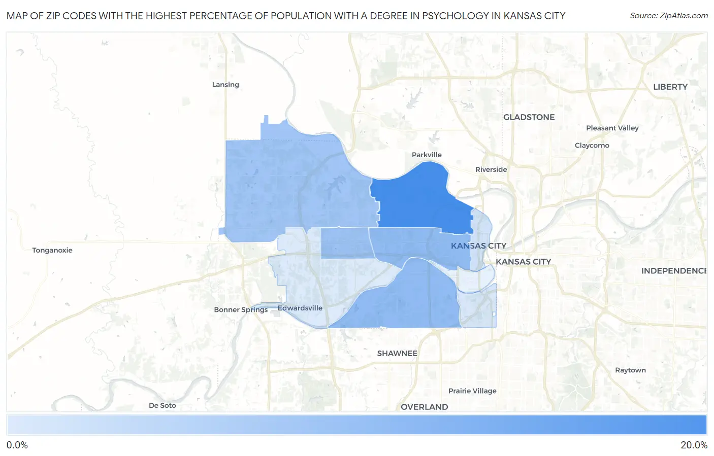 Zip Codes with the Highest Percentage of Population with a Degree in Psychology in Kansas City Map