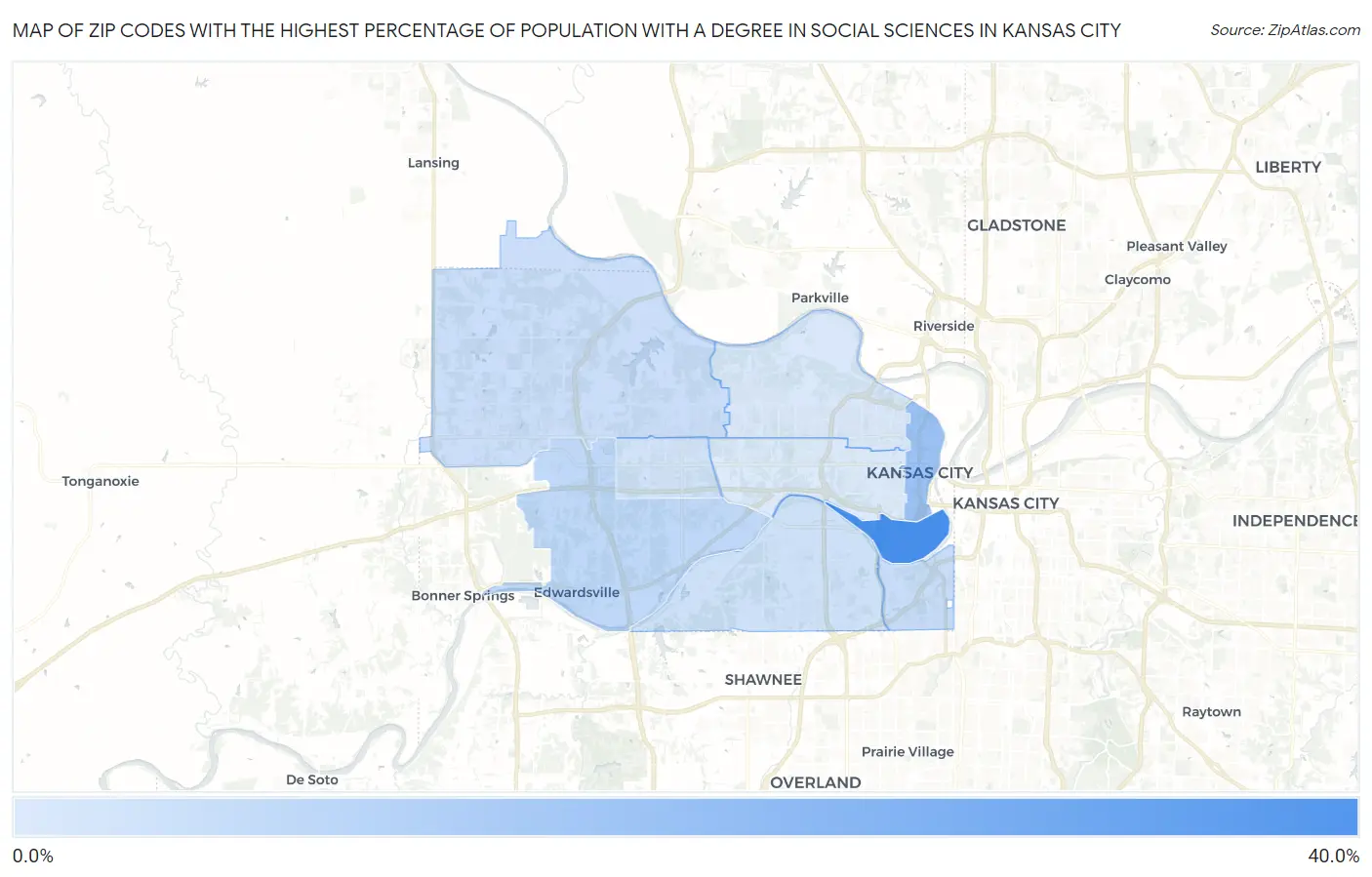 Zip Codes with the Highest Percentage of Population with a Degree in Social Sciences in Kansas City Map