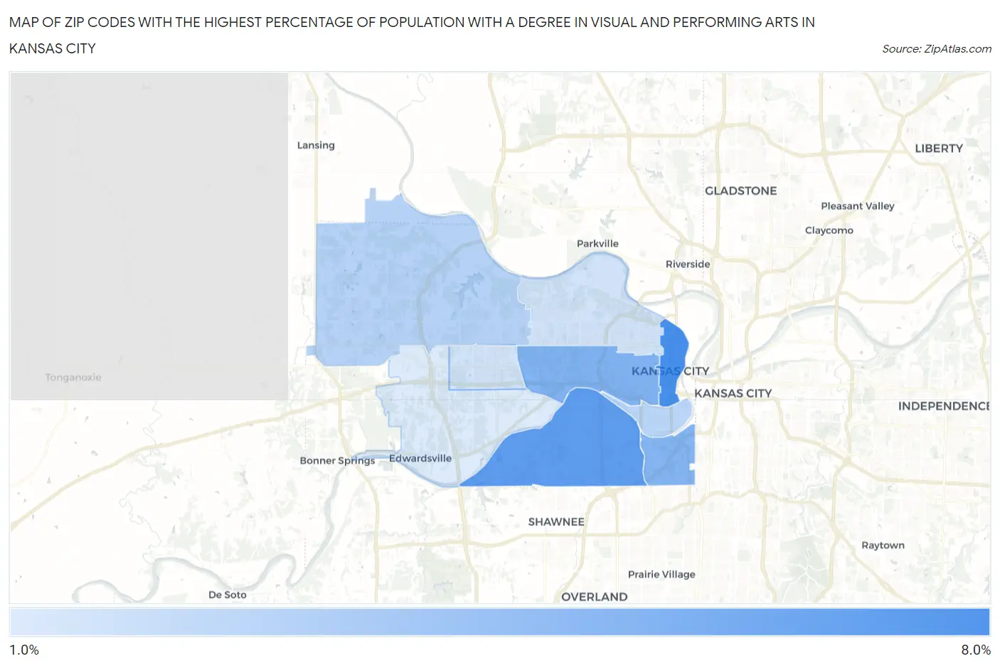Zip Codes with the Highest Percentage of Population with a Degree in Visual and Performing Arts in Kansas City Map