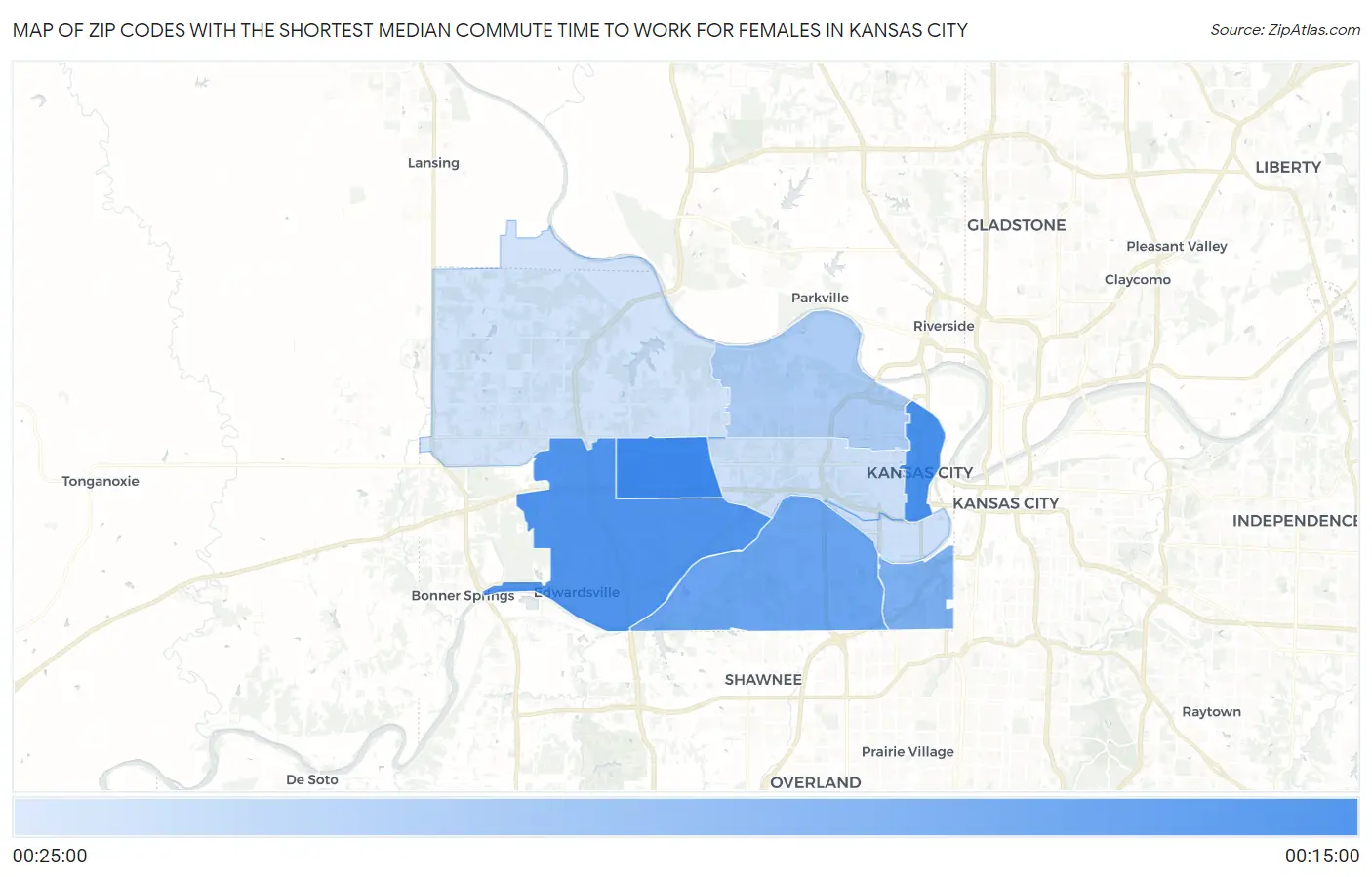 Zip Codes with the Shortest Median Commute Time to Work for Females in Kansas City Map