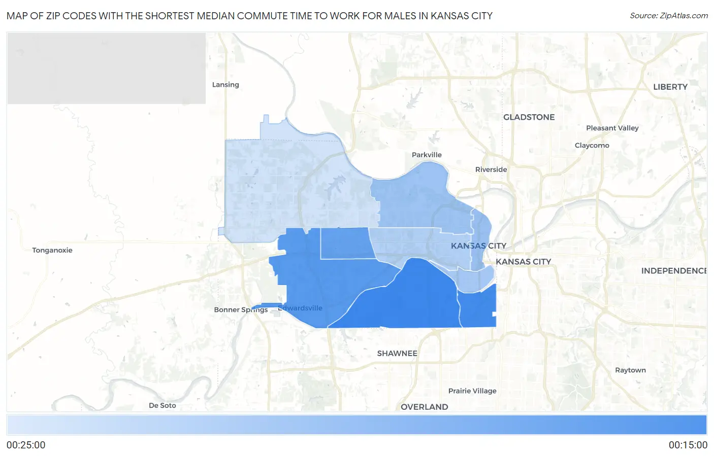 Zip Codes with the Shortest Median Commute Time to Work for Males in Kansas City Map