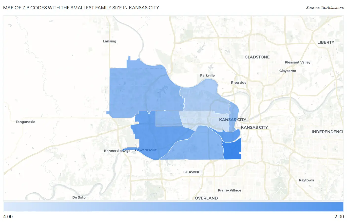 Zip Codes with the Smallest Family Size in Kansas City Map