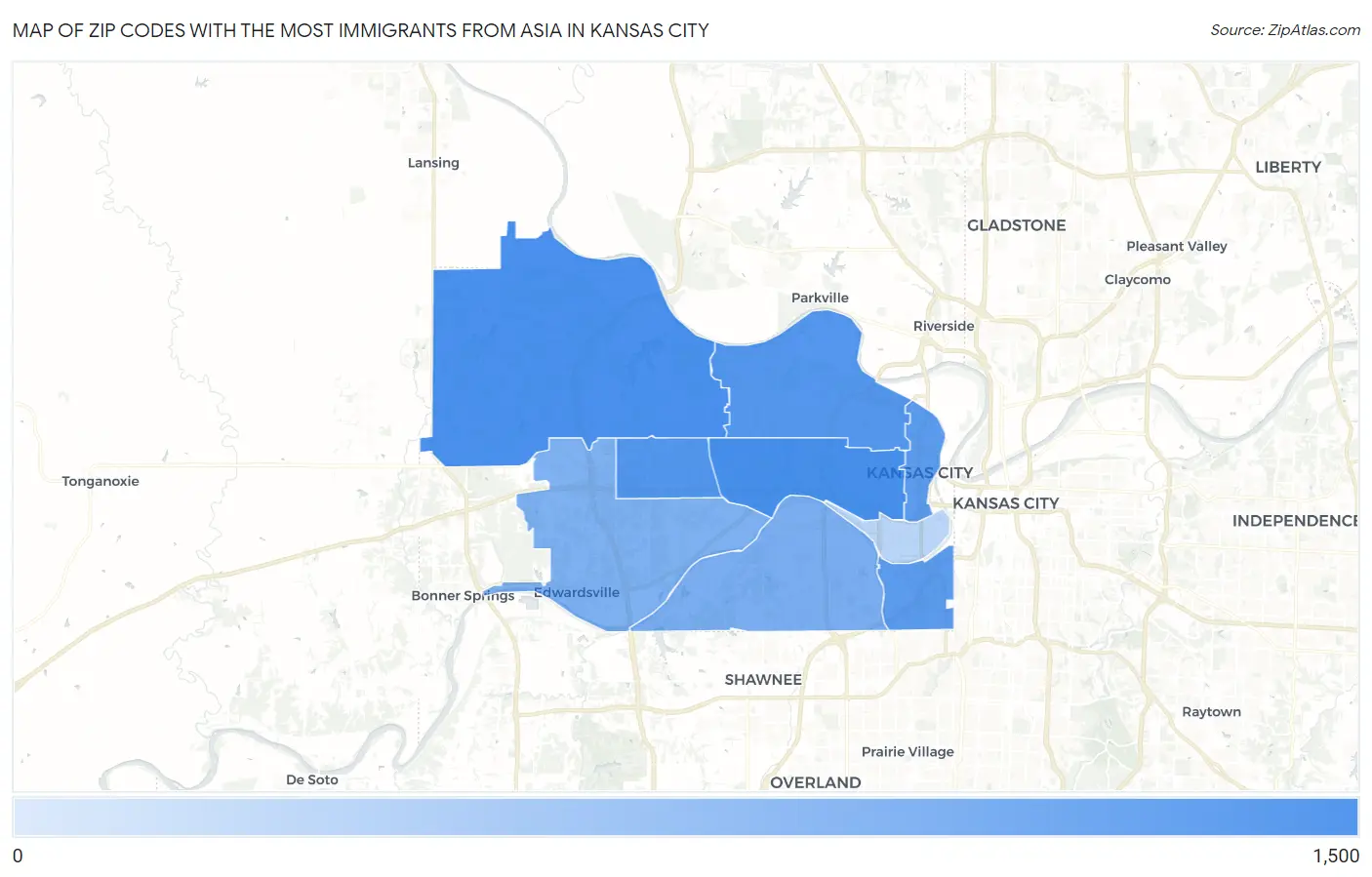 Zip Codes with the Most Immigrants from Asia in Kansas City Map