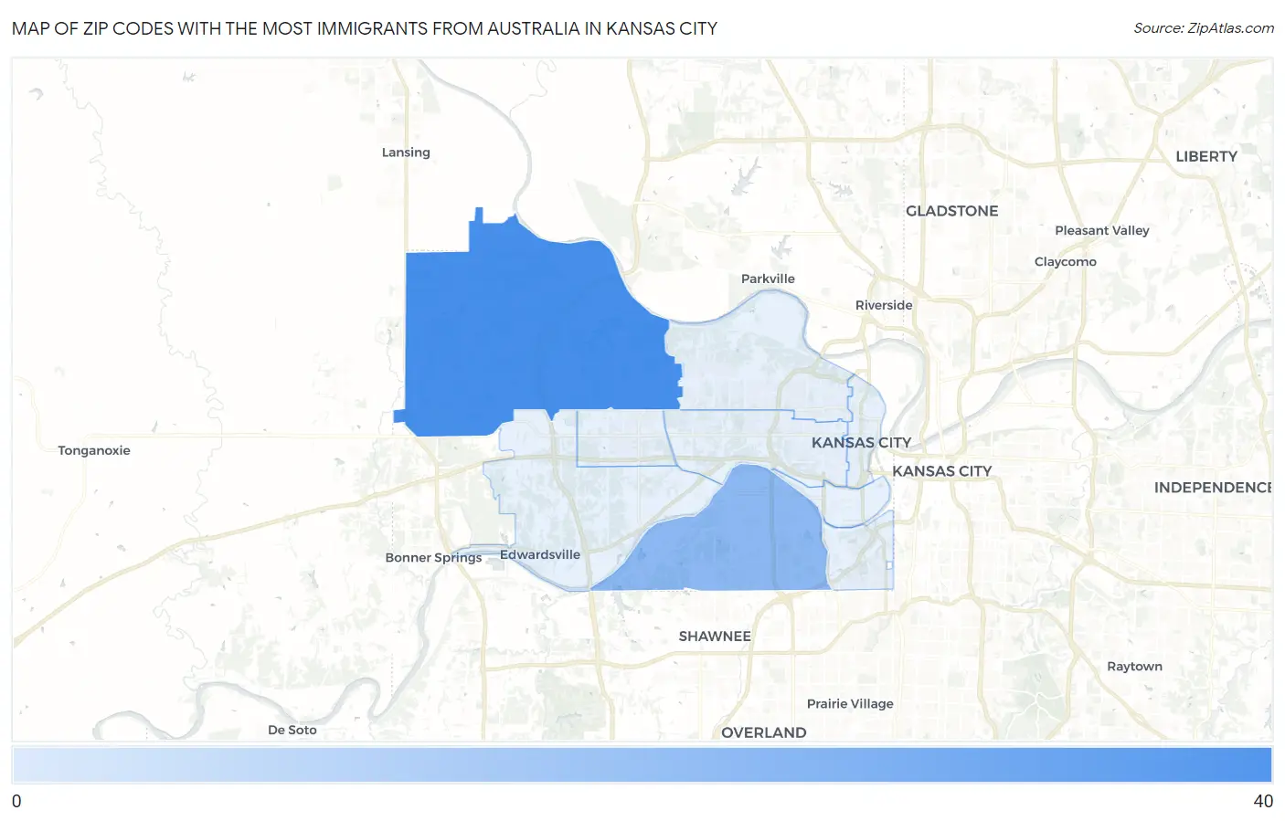 Zip Codes with the Most Immigrants from Australia in Kansas City Map