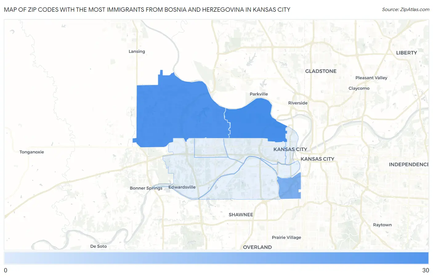 Zip Codes with the Most Immigrants from Bosnia and Herzegovina in Kansas City Map