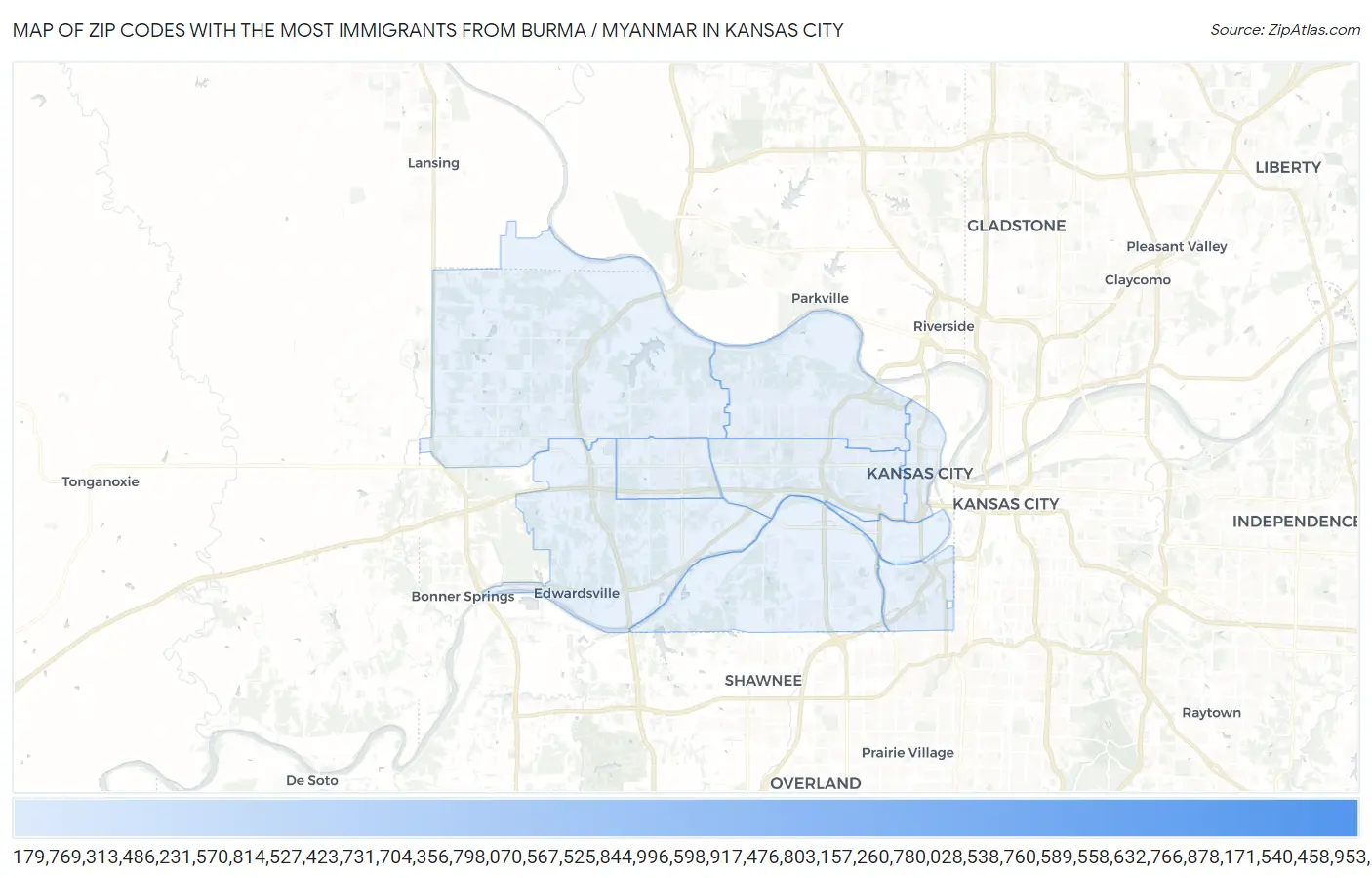 Zip Codes with the Most Immigrants from Burma / Myanmar in Kansas City Map