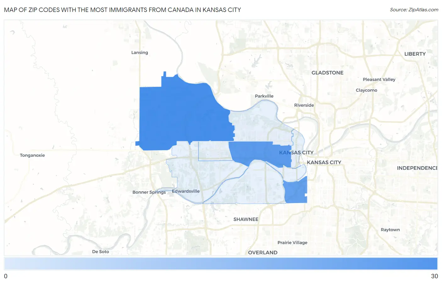 Zip Codes with the Most Immigrants from Canada in Kansas City Map