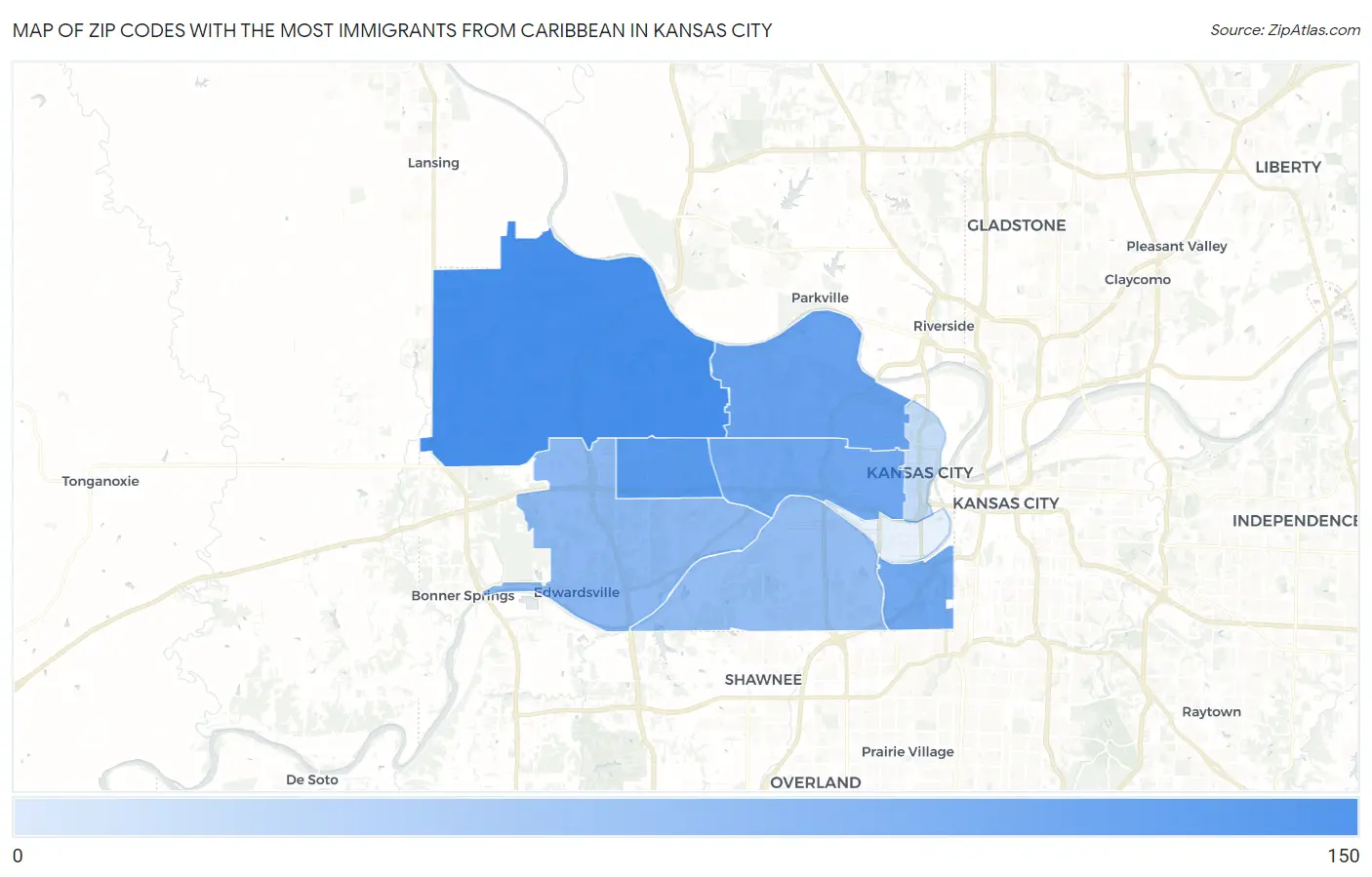 Zip Codes with the Most Immigrants from Caribbean in Kansas City Map