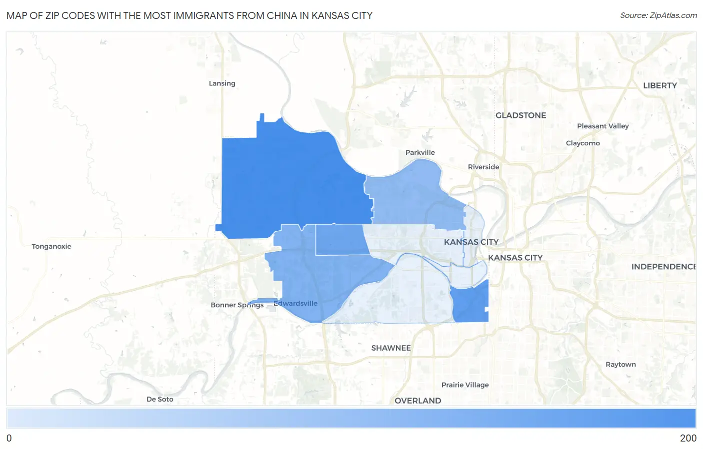Zip Codes with the Most Immigrants from China in Kansas City Map