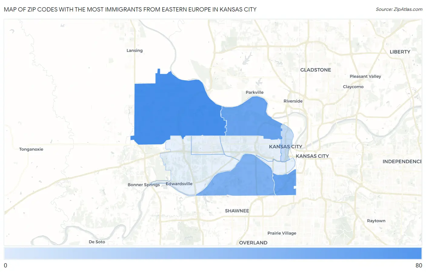 Zip Codes with the Most Immigrants from Eastern Europe in Kansas City Map