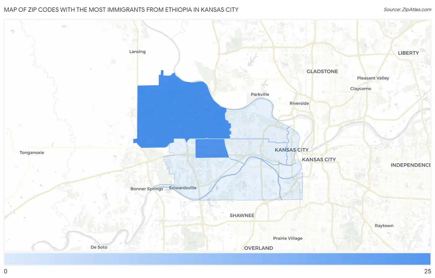 Zip Codes with the Most Immigrants from Ethiopia in Kansas City Map