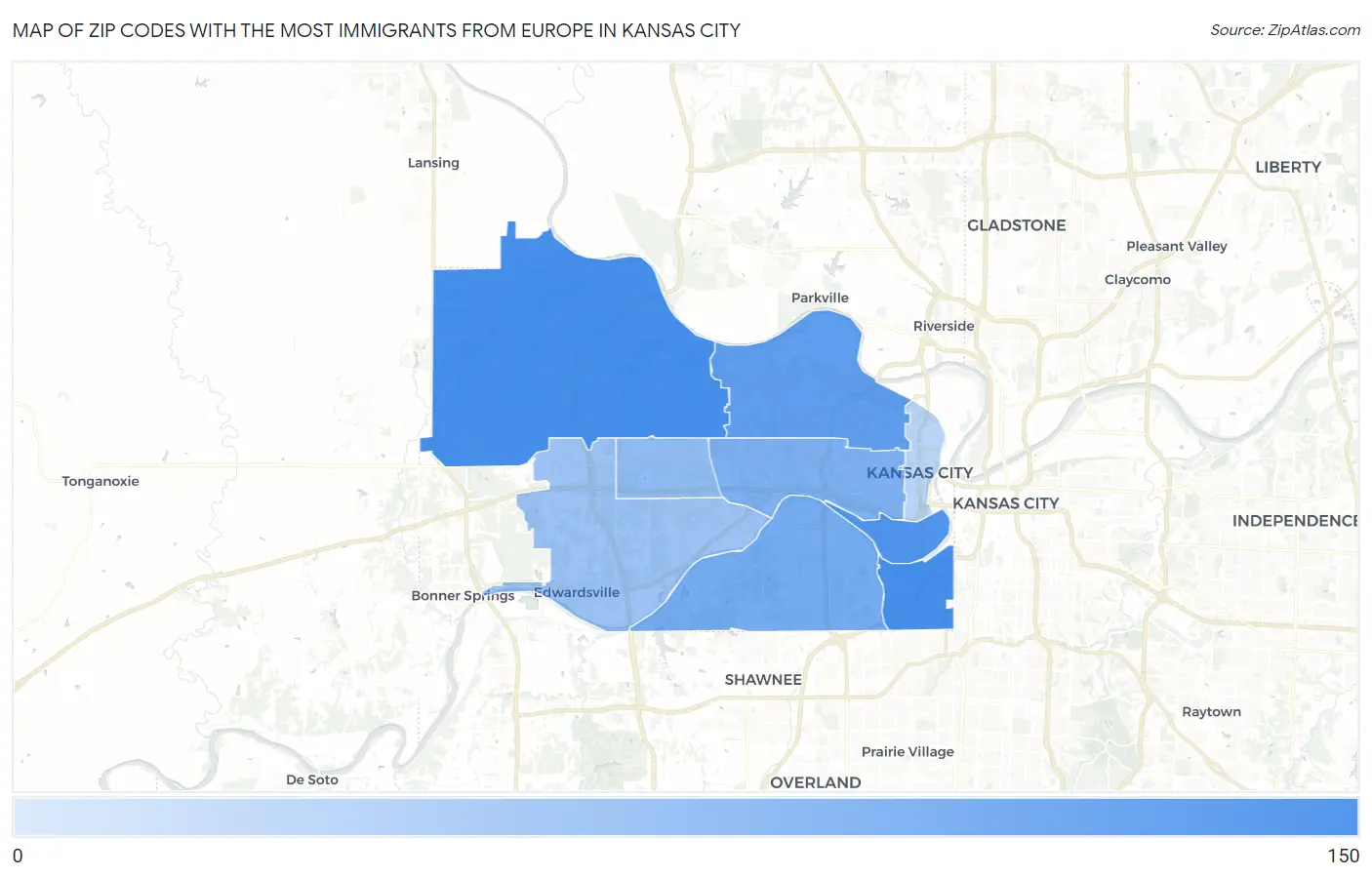 Zip Codes with the Most Immigrants from Europe in Kansas City Map