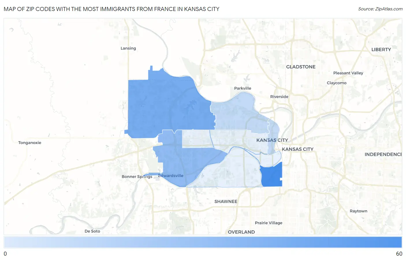 Zip Codes with the Most Immigrants from France in Kansas City Map