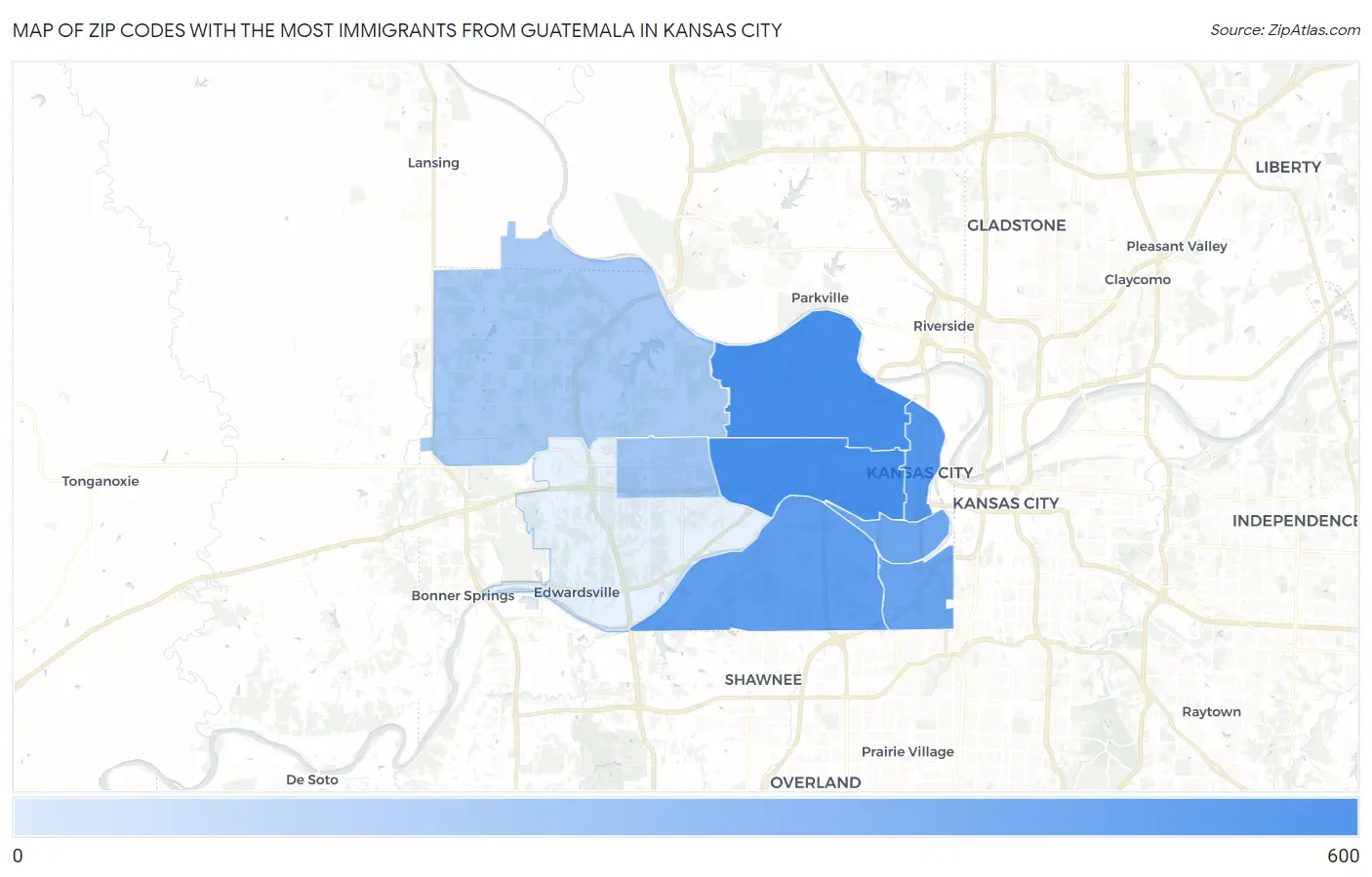 Zip Codes with the Most Immigrants from Guatemala in Kansas City Map