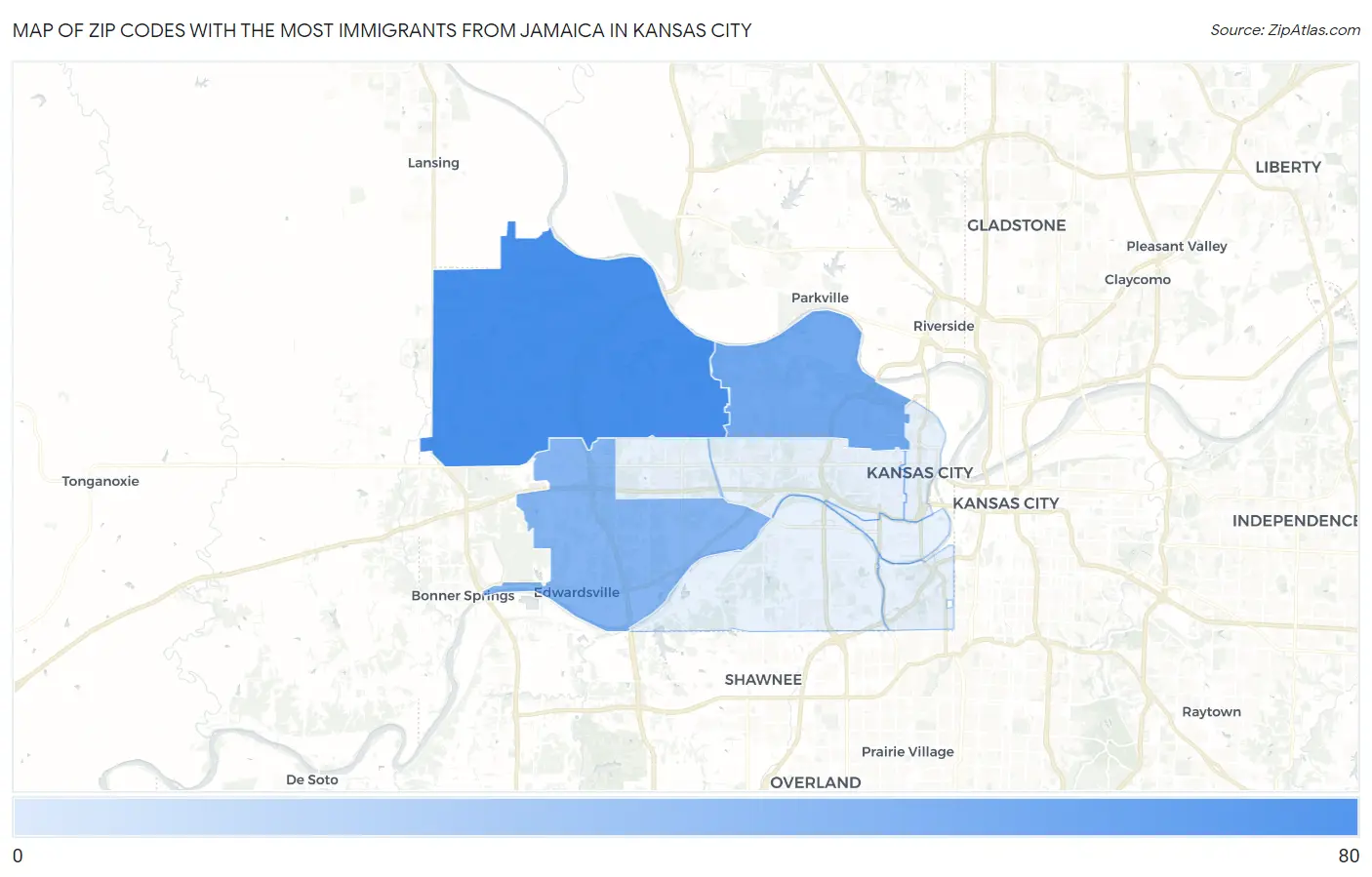 Zip Codes with the Most Immigrants from Jamaica in Kansas City Map