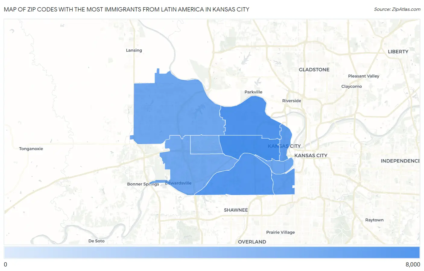 Zip Codes with the Most Immigrants from Latin America in Kansas City Map