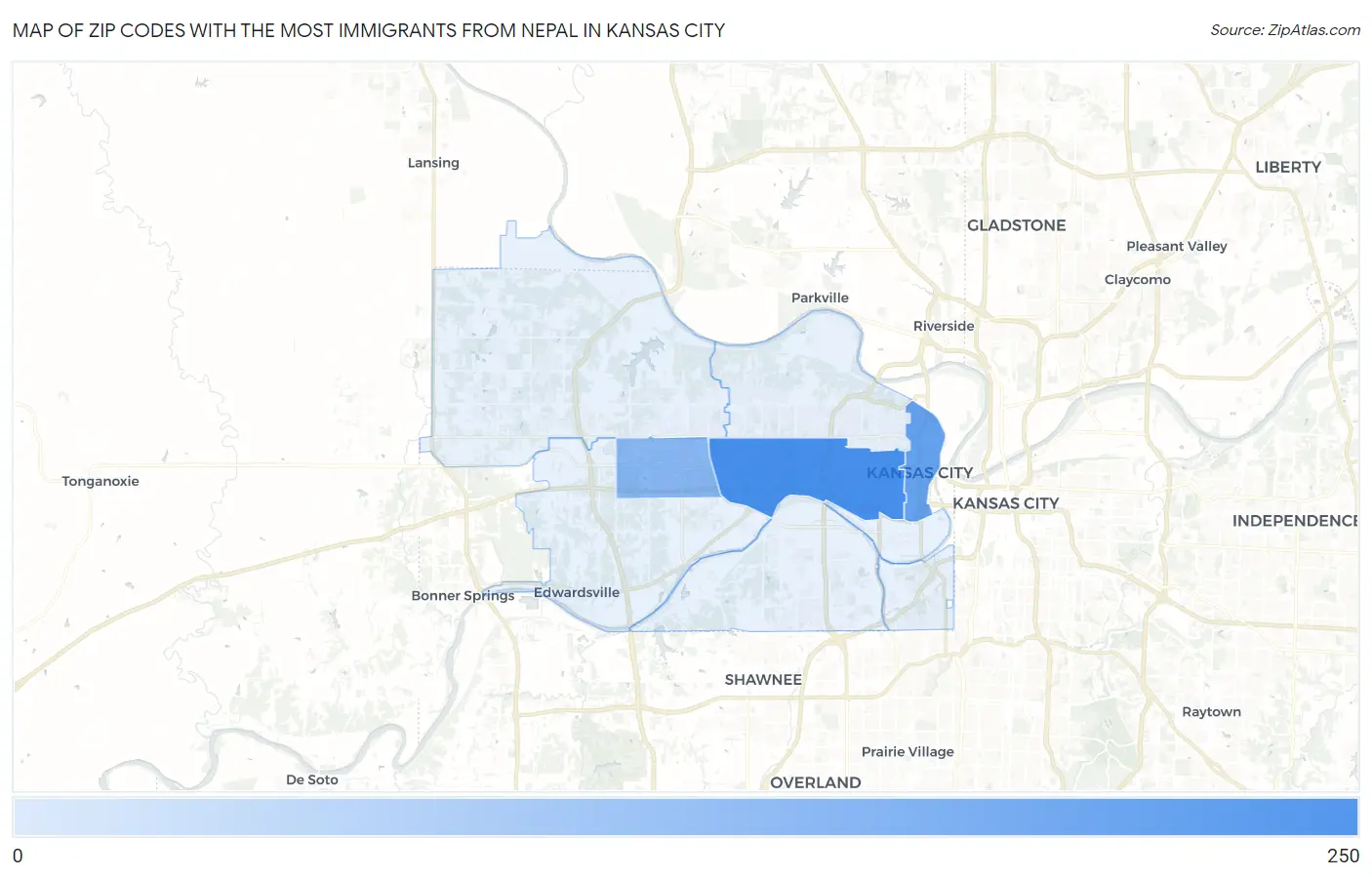 Zip Codes with the Most Immigrants from Nepal in Kansas City Map