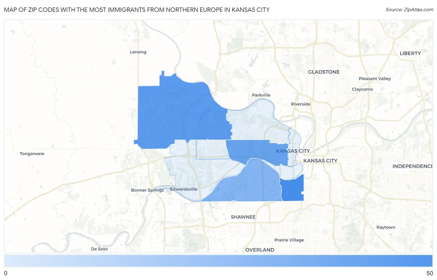 Zip Codes with the Most Immigrants from Northern Europe in Kansas City Map