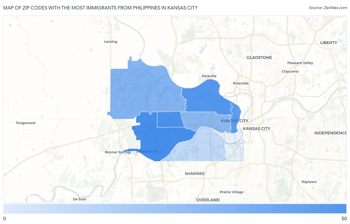 Zip Codes with the Most Immigrants from Philippines in Kansas City Map