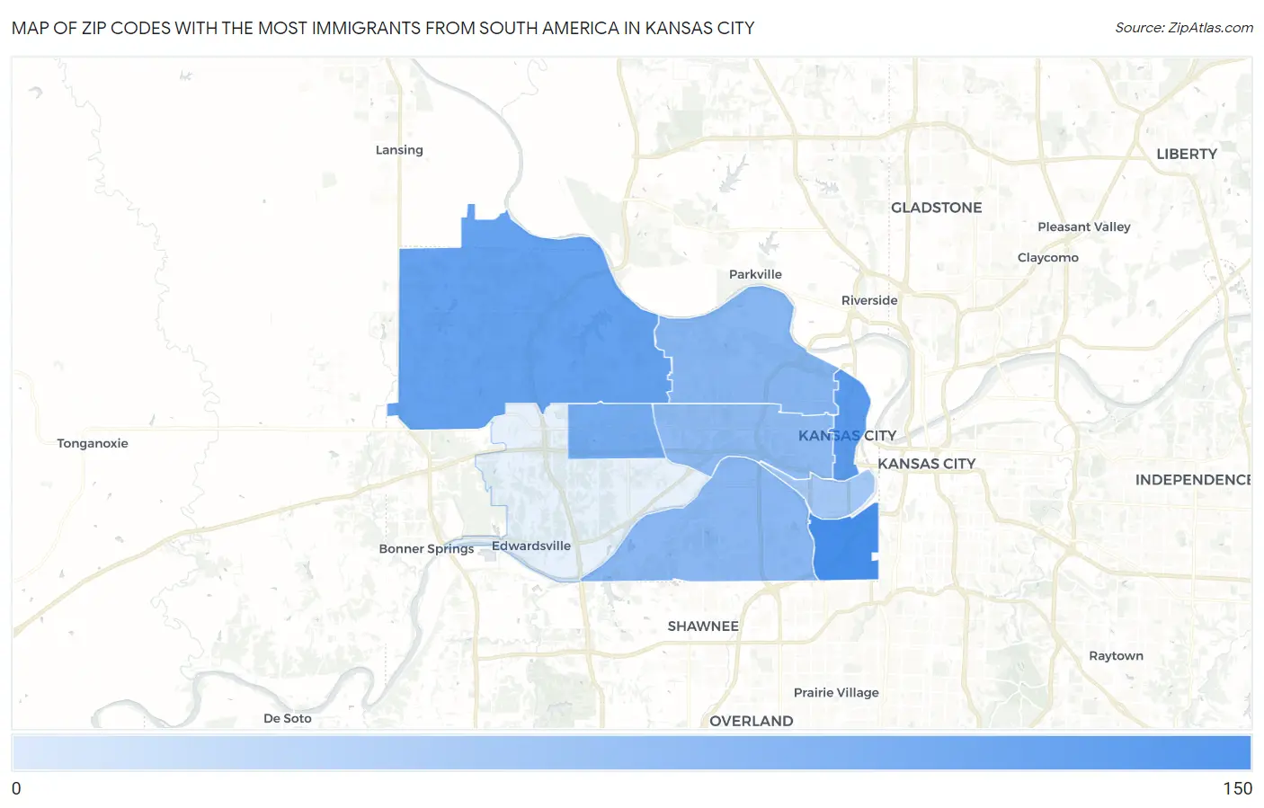 Zip Codes with the Most Immigrants from South America in Kansas City Map