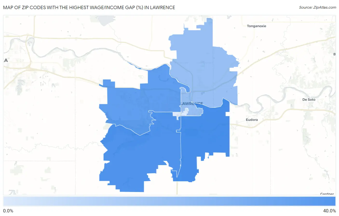Zip Codes with the Highest Wage/Income Gap (%) in Lawrence Map