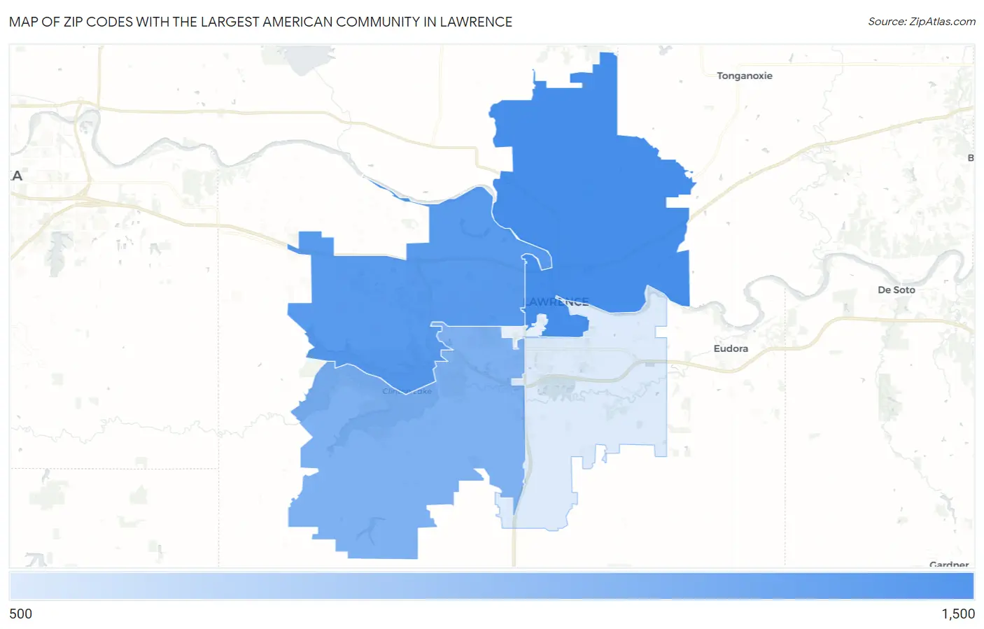 Zip Codes with the Largest American Community in Lawrence Map