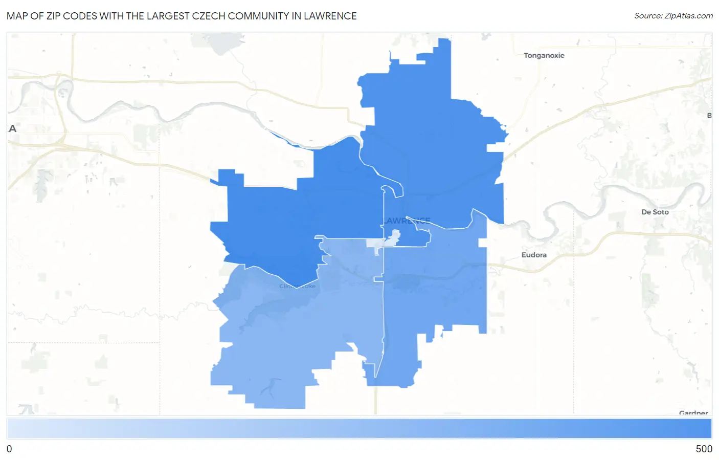 Zip Codes with the Largest Czech Community in Lawrence Map