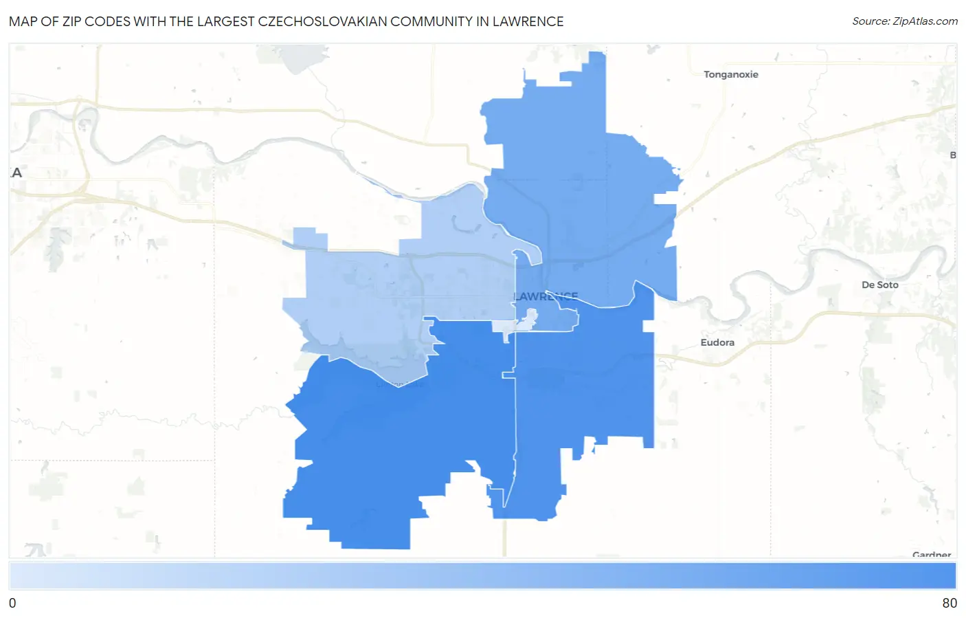 Zip Codes with the Largest Czechoslovakian Community in Lawrence Map