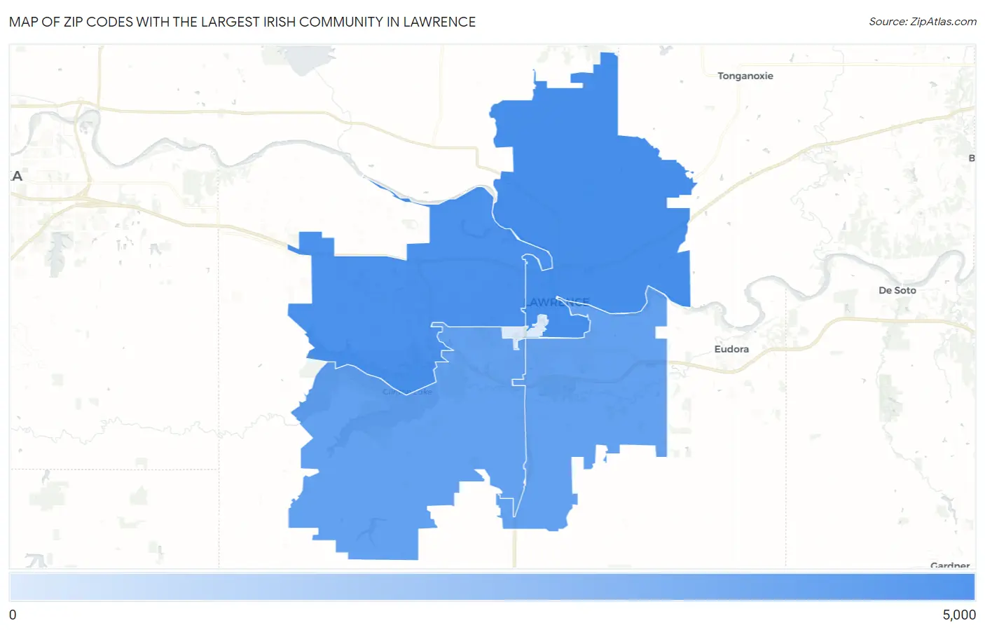 Zip Codes with the Largest Irish Community in Lawrence Map
