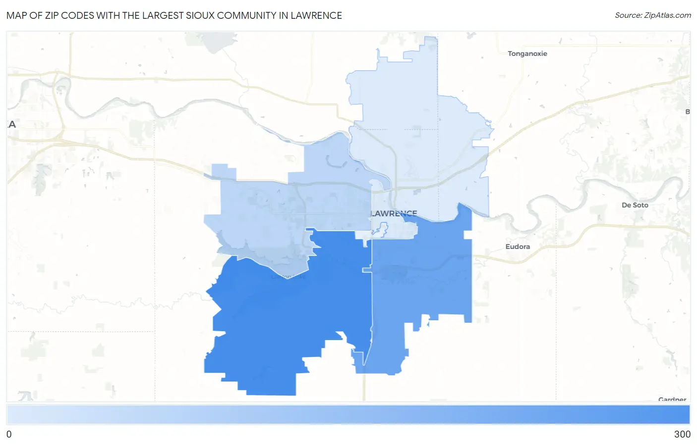 Zip Codes with the Largest Sioux Community in Lawrence Map