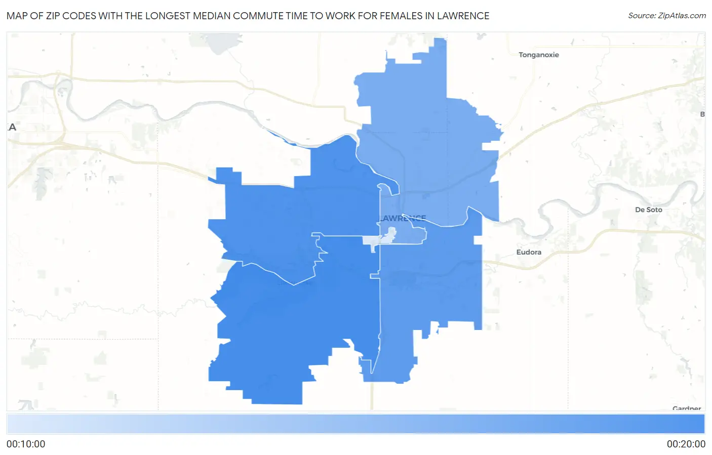 Zip Codes with the Longest Median Commute Time to Work for Females in Lawrence Map