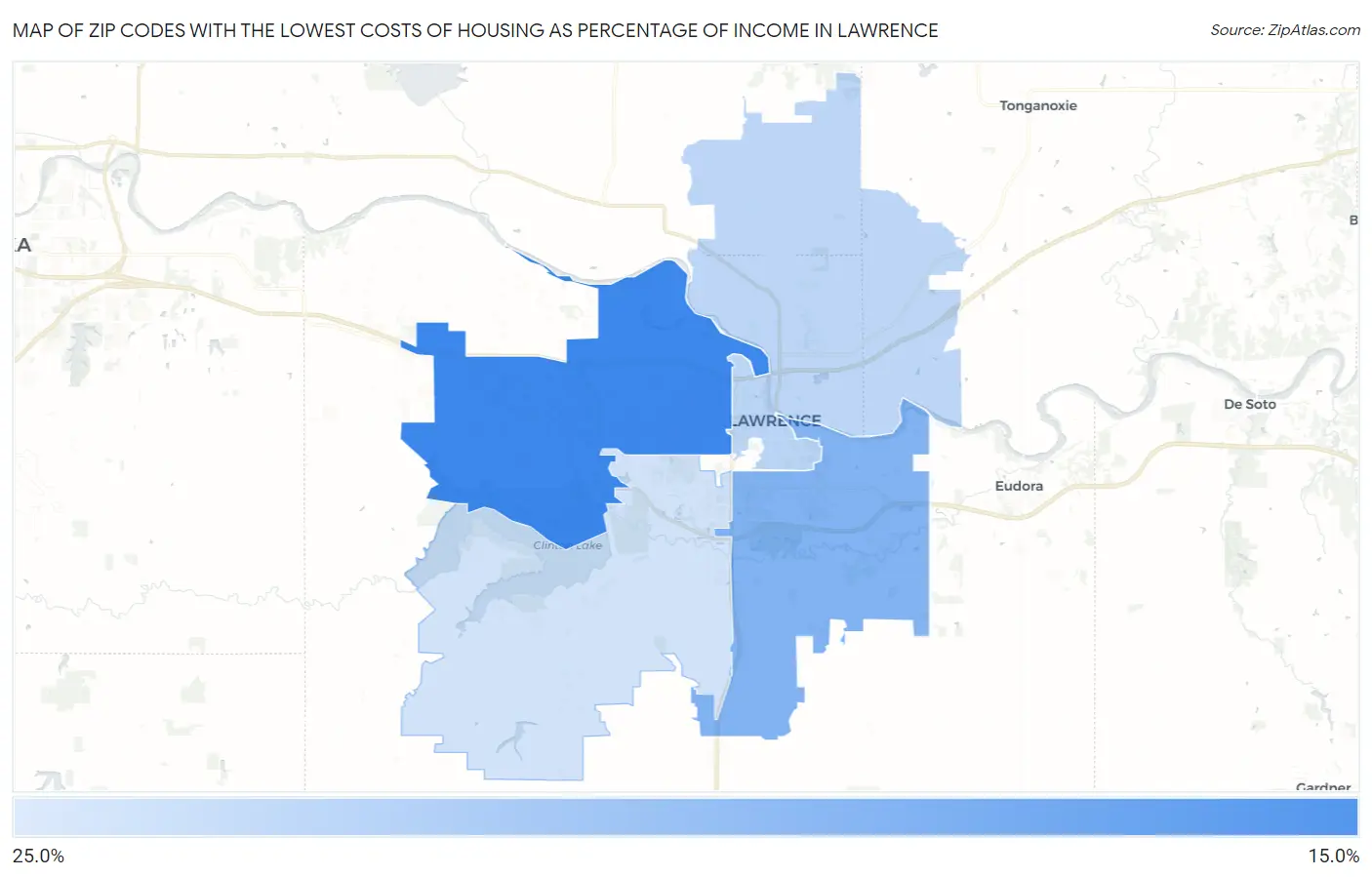 Zip Codes with the Lowest Costs of Housing as Percentage of Income in Lawrence Map
