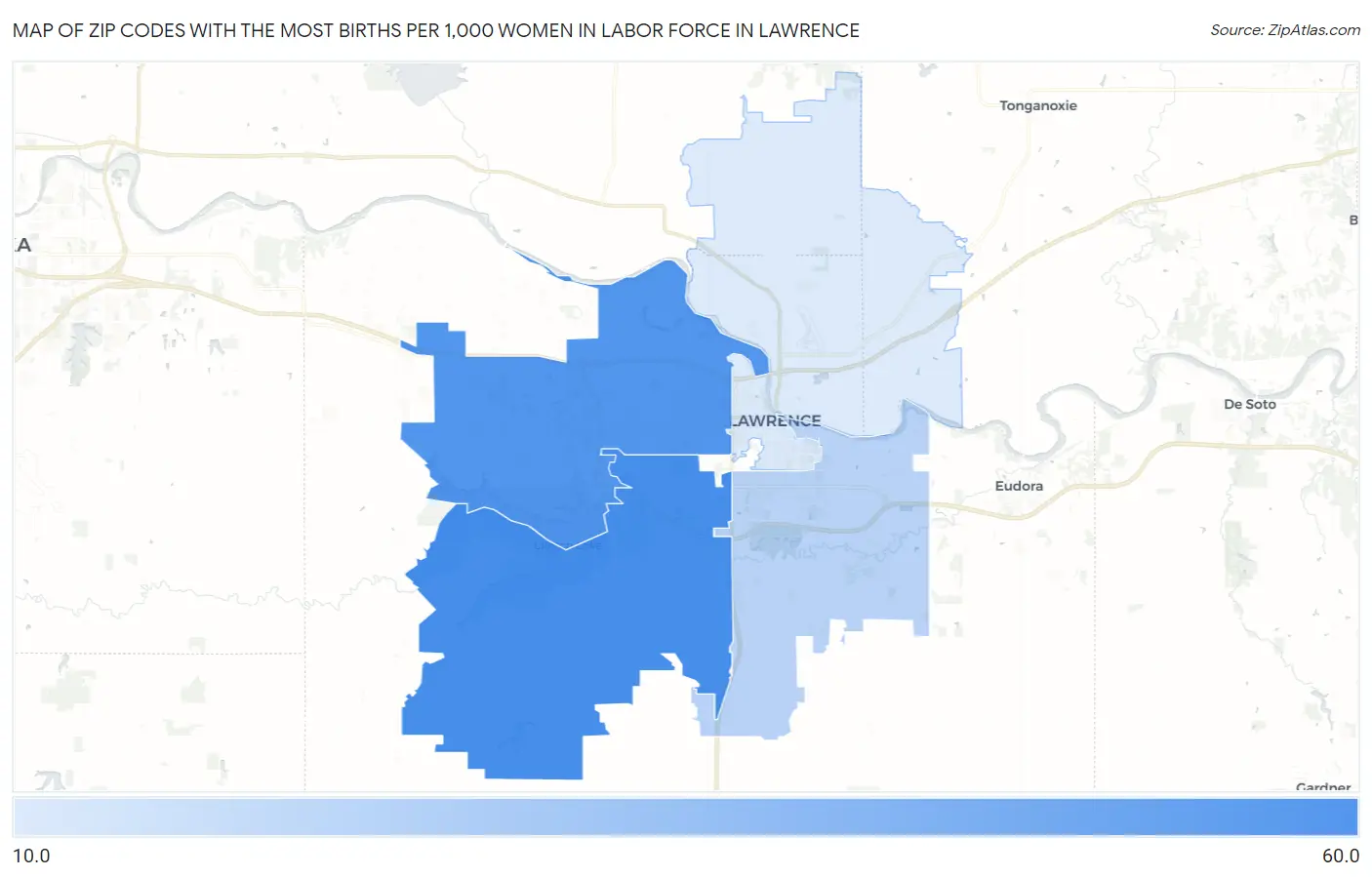 Zip Codes with the Most Births per 1,000 Women in Labor Force in Lawrence Map
