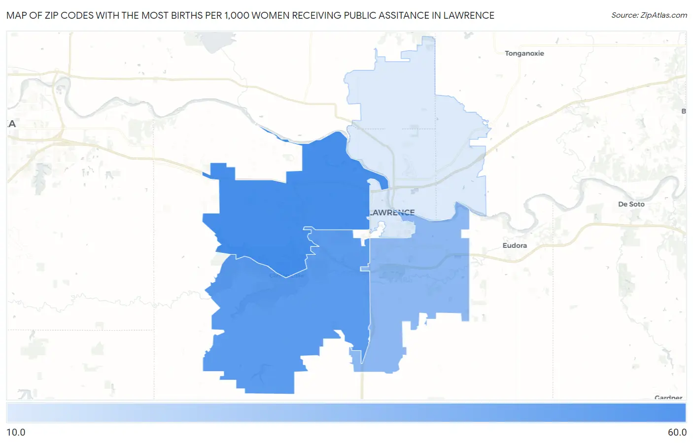 Zip Codes with the Most Births per 1,000 Women Receiving Public Assitance in Lawrence Map