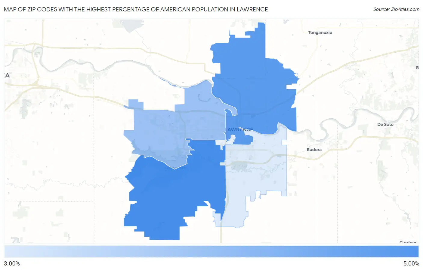 Zip Codes with the Highest Percentage of American Population in Lawrence Map