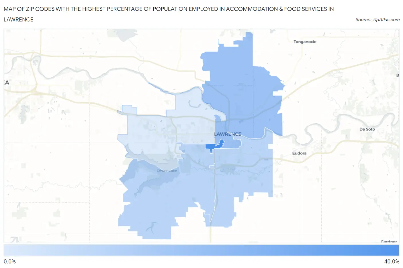 Zip Codes with the Highest Percentage of Population Employed in Accommodation & Food Services in Lawrence Map