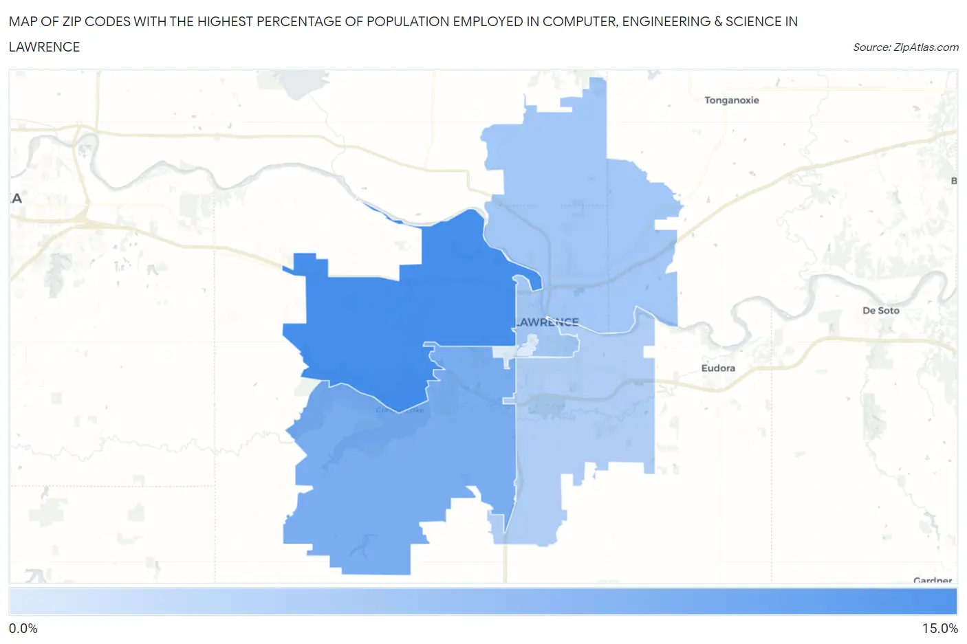 Zip Codes with the Highest Percentage of Population Employed in Computer, Engineering & Science in Lawrence Map