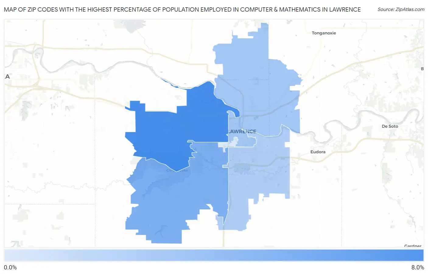 Zip Codes with the Highest Percentage of Population Employed in Computer & Mathematics in Lawrence Map
