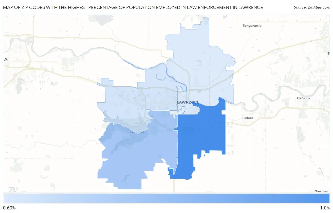 Zip Codes with the Highest Percentage of Population Employed in Law Enforcement in Lawrence Map