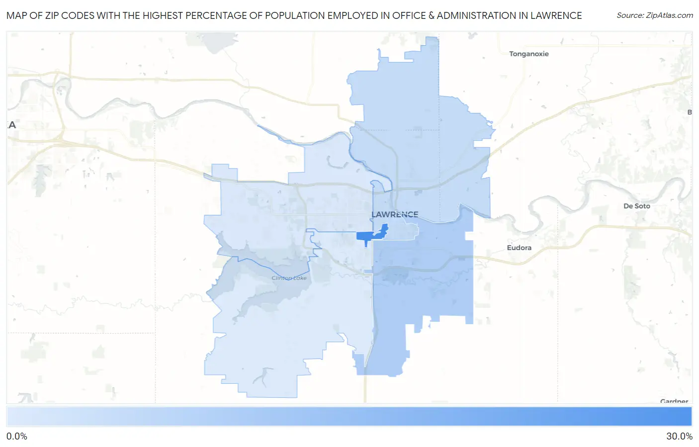 Zip Codes with the Highest Percentage of Population Employed in Office & Administration in Lawrence Map